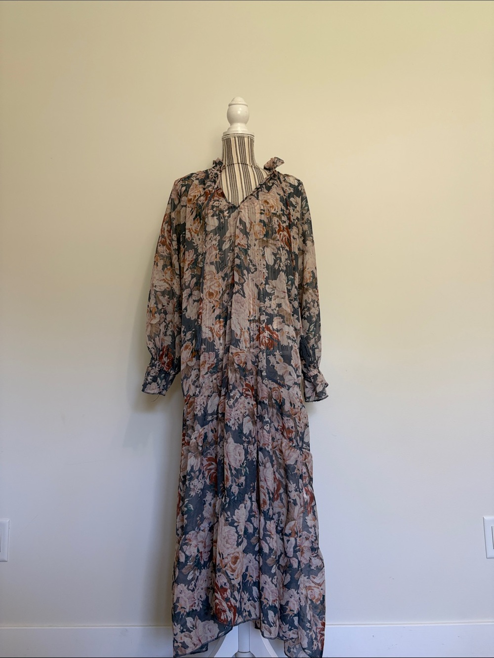 Vici Blue Floral Ruffle Neck Maxi Dress